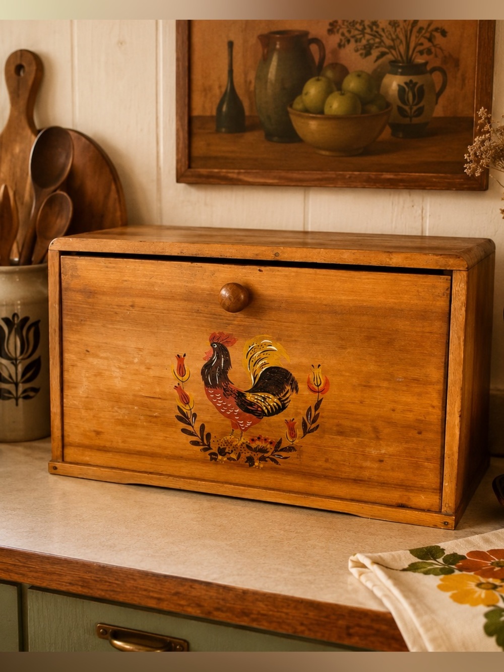 Vintage Wooden Bread Box with Rooster Folk Art